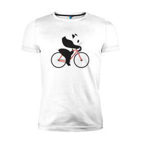 Мужская футболка премиум с принтом Панда на велосипеде в Новосибирске, 92% хлопок, 8% лайкра | приталенный силуэт, круглый вырез ворота, длина до линии бедра, короткий рукав | панда