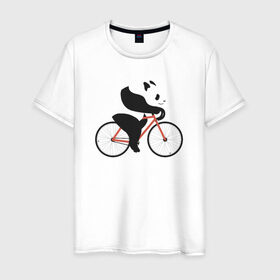 Мужская футболка хлопок с принтом Панда на велосипеде в Новосибирске, 100% хлопок | прямой крой, круглый вырез горловины, длина до линии бедер, слегка спущенное плечо. | Тематика изображения на принте: панда