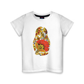 Детская футболка хлопок с принтом Матрёшка хохлома в Новосибирске, 100% хлопок | круглый вырез горловины, полуприлегающий силуэт, длина до линии бедер | матрёшка | матрёшка хохломахохлома | орнамент | узор