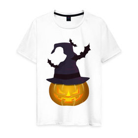 Мужская футболка хлопок с принтом Тыква в колпаке в Новосибирске, 100% хлопок | прямой крой, круглый вырез горловины, длина до линии бедер, слегка спущенное плечо. | halloween | колпак | мистика | тыква | ужас | хеллоуин