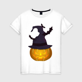 Женская футболка хлопок с принтом Тыква в колпаке в Новосибирске, 100% хлопок | прямой крой, круглый вырез горловины, длина до линии бедер, слегка спущенное плечо | halloween | колпак | мистика | тыква | ужас | хеллоуин