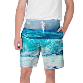 Мужские шорты 3D с принтом Волны в Новосибирске,  полиэстер 100% | прямой крой, два кармана без застежек по бокам. Мягкая трикотажная резинка на поясе, внутри которой широкие завязки. Длина чуть выше колен | Тематика изображения на принте: берег | вода | волны | море | пейзаж | прилив