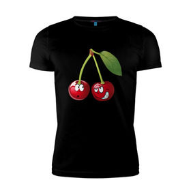 Мужская футболка премиум с принтом Вишня в Новосибирске, 92% хлопок, 8% лайкра | приталенный силуэт, круглый вырез ворота, длина до линии бедра, короткий рукав | вишнявишня | смайл | смайлик | улыбка | фрукты