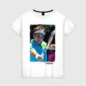 Женская футболка хлопок с принтом Роджер Федерер в Новосибирске, 100% хлопок | прямой крой, круглый вырез горловины, длина до линии бедер, слегка спущенное плечо | Тематика изображения на принте: roger federer | роджер федерер | теннис | чампион