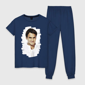 Женская пижама хлопок с принтом Roger Federer в Новосибирске, 100% хлопок | брюки и футболка прямого кроя, без карманов, на брюках мягкая резинка на поясе и по низу штанин | Тематика изображения на принте: roger federer | роджер федерер | теннис | чемпион