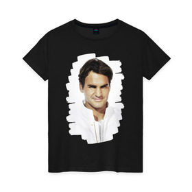 Женская футболка хлопок с принтом Roger Federer в Новосибирске, 100% хлопок | прямой крой, круглый вырез горловины, длина до линии бедер, слегка спущенное плечо | Тематика изображения на принте: roger federer | роджер федерер | теннис | чемпион