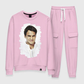 Женский костюм хлопок с принтом Roger Federer в Новосибирске, 100% хлопок | на свитшоте круглая горловина, мягкая резинка по низу. Брюки заужены к низу, на них два вида карманов: два 
