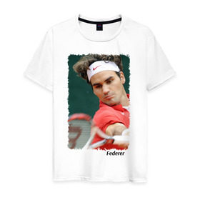 Мужская футболка хлопок с принтом Роджер Федерер в Новосибирске, 100% хлопок | прямой крой, круглый вырез горловины, длина до линии бедер, слегка спущенное плечо. | roger federer | роджер федерер | теннис | чемпион