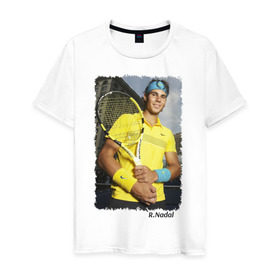 Мужская футболка хлопок с принтом Рафаэль Надаль в Новосибирске, 100% хлопок | прямой крой, круглый вырез горловины, длина до линии бедер, слегка спущенное плечо. | rafael nadal | рафаэль надаль | теннис | чемпион