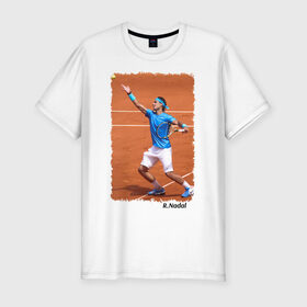 Мужская футболка премиум с принтом Рафаэль Надаль (подача) в Новосибирске, 92% хлопок, 8% лайкра | приталенный силуэт, круглый вырез ворота, длина до линии бедра, короткий рукав | rafael nadal | рафаэль надаль | теннис | чемпион
