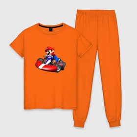 Женская пижама хлопок с принтом Mario Kart в Новосибирске, 100% хлопок | брюки и футболка прямого кроя, без карманов, на брюках мягкая резинка на поясе и по низу штанин | nintendo | карт | марио | нинтендо