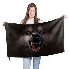 Флаг 3D с принтом Злой волк в Новосибирске, 100% полиэстер | плотность ткани — 95 г/м2, размер — 67 х 109 см. Принт наносится с одной стороны | волк | животные | злой волк | зубы | оскал