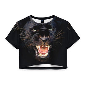 Женская футболка 3D укороченная с принтом Пантера в Новосибирске, 100% полиэстер | круглая горловина, длина футболки до линии талии, рукава с отворотами | животные | зубы | киса | киска | кошка | оскал | пантера