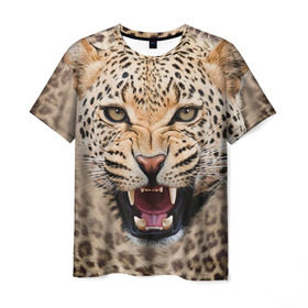 Мужская футболка 3D с принтом Леопард в Новосибирске, 100% полиэфир | прямой крой, круглый вырез горловины, длина до линии бедер | Тематика изображения на принте: животные | зубы | киса | киска | кошка | леопард | оскал