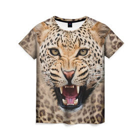 Женская футболка 3D с принтом Леопард в Новосибирске, 100% полиэфир ( синтетическое хлопкоподобное полотно) | прямой крой, круглый вырез горловины, длина до линии бедер | животные | зубы | киса | киска | кошка | леопард | оскал