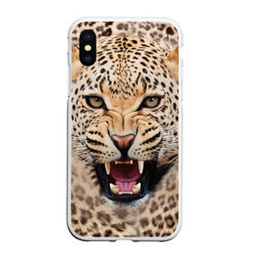 Чехол для iPhone XS Max матовый с принтом Леопард в Новосибирске, Силикон | Область печати: задняя сторона чехла, без боковых панелей | животные | зубы | киса | киска | кошка | леопард | оскал
