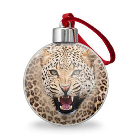 Ёлочный шар с принтом Леопард в Новосибирске, Пластик | Диаметр: 77 мм | Тематика изображения на принте: животные | зубы | киса | киска | кошка | леопард | оскал
