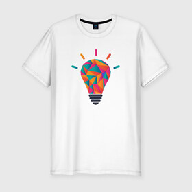 Мужская футболка премиум с принтом Лампочка в Новосибирске, 92% хлопок, 8% лайкра | приталенный силуэт, круглый вырез ворота, длина до линии бедра, короткий рукав | гениально | полигональная лампалампочка | умная мысль | я гений