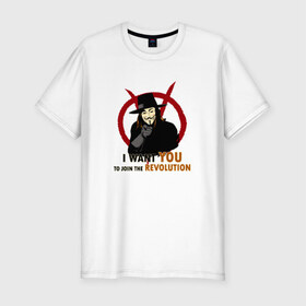 Мужская футболка премиум с принтом Vendetta в Новосибирске, 92% хлопок, 8% лайкра | приталенный силуэт, круглый вырез ворота, длина до линии бедра, короткий рукав | вендетта | кино | маска | революция | чтобы ты присоединился к революциианонимус | я хочу