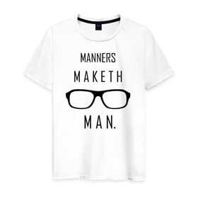 Мужская футболка хлопок с принтом Kingsman Manners maketh man. в Новосибирске, 100% хлопок | прямой крой, круглый вырез горловины, длина до линии бедер, слегка спущенное плечо. | kingsman manners maketh man. кингсмен