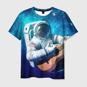 Мужская футболка 3D с принтом Космонавт с гитарой в Новосибирске, 100% полиэфир | прямой крой, круглый вырез горловины, длина до линии бедер | гитара