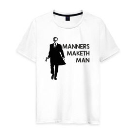 Мужская футболка хлопок с принтом Manners Maketh Man в Новосибирске, 100% хлопок | прямой крой, круглый вырез горловины, длина до линии бедер, слегка спущенное плечо. | manners maketh man kingsman кингсман