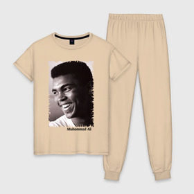 Женская пижама хлопок с принтом Мухаммед Али (Muhammad Ali) в Новосибирске, 100% хлопок | брюки и футболка прямого кроя, без карманов, на брюках мягкая резинка на поясе и по низу штанин | мухаммед али