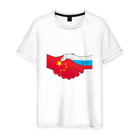 Мужская футболка хлопок с принтом Россия Китай в Новосибирске, 100% хлопок | прямой крой, круглый вырез горловины, длина до линии бедер, слегка спущенное плечо. | европа | китай | россия | руки | сила