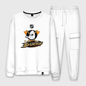 Мужской костюм хлопок с принтом Anaheim Ducks (Black) в Новосибирске, 100% хлопок | на свитшоте круглая горловина, мягкая резинка по низу. Брюки заужены к низу, на них два вида карманов: два “обычных” по бокам и два объемных, с клапанами, расположенные ниже линии бедра. Брюки с мягкой трикотажной резинкой на поясе и по низу штанин. В поясе для дополнительного комфорта — широкие завязки | anaheim ducks | nhl | спорт | хоккей