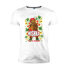 Мужская футболка премиум с принтом MISHKA в Новосибирске, 92% хлопок, 8% лайкра | приталенный силуэт, круглый вырез ворота, длина до линии бедра, короткий рукав | медведь | мишка | россия | русский | хохлома | ягода
