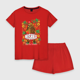Женская пижама с шортиками хлопок с принтом MISHKA в Новосибирске, 100% хлопок | футболка прямого кроя, шорты свободные с широкой мягкой резинкой | медведь | мишка | россия | русский | хохлома | ягода