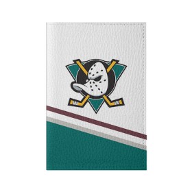 Обложка для паспорта матовая кожа с принтом Anaheim Ducks Selanne в Новосибирске, натуральная матовая кожа | размер 19,3 х 13,7 см; прозрачные пластиковые крепления | Тематика изображения на принте: anaheim ducks selanne | nhl | спорт | хоккей