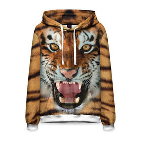 Мужская толстовка 3D с принтом Тигр в Новосибирске, 100% полиэстер | двухслойный капюшон со шнурком для регулировки, мягкие манжеты на рукавах и по низу толстовки, спереди карман-кенгуру с мягким внутренним слоем. | животные | зубы | кошка | тигр