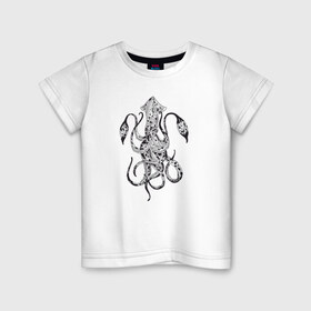 Детская футболка хлопок с принтом Кальмар в Новосибирске, 100% хлопок | круглый вырез горловины, полуприлегающий силуэт, длина до линии бедер | клевый кальмар. стильный принт.кальмар | море | осьминог | стиль