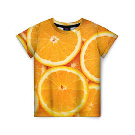 Детская футболка 3D с принтом Апельсин в Новосибирске, 100% гипоаллергенный полиэфир | прямой крой, круглый вырез горловины, длина до линии бедер, чуть спущенное плечо, ткань немного тянется | Тематика изображения на принте: апельсин | еда | лимон | фрукт