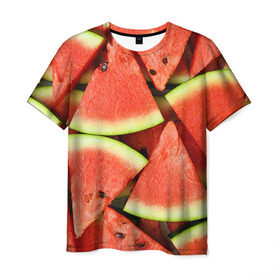 Мужская футболка 3D с принтом Дольки арбуза в Новосибирске, 100% полиэфир | прямой крой, круглый вырез горловины, длина до линии бедер | Тематика изображения на принте: арбуз | дольки арбуза | еда | фрукт | ягода