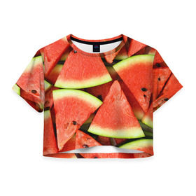 Женская футболка 3D укороченная с принтом Дольки арбуза в Новосибирске, 100% полиэстер | круглая горловина, длина футболки до линии талии, рукава с отворотами | арбуз | дольки арбуза | еда | фрукт | ягода