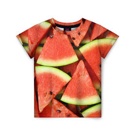 Детская футболка 3D с принтом Дольки арбуза в Новосибирске, 100% гипоаллергенный полиэфир | прямой крой, круглый вырез горловины, длина до линии бедер, чуть спущенное плечо, ткань немного тянется | Тематика изображения на принте: арбуз | дольки арбуза | еда | фрукт | ягода