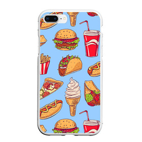 Чехол для iPhone 7Plus/8 Plus матовый с принтом Еда в Новосибирске, Силикон | Область печати: задняя сторона чехла, без боковых панелей | гамбургер | еда | пицца | фастфуд | фри