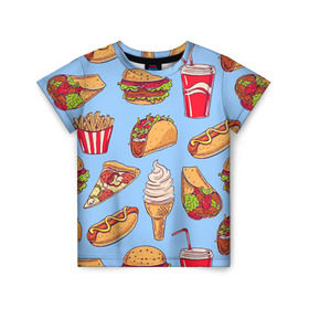 Детская футболка 3D с принтом Еда в Новосибирске, 100% гипоаллергенный полиэфир | прямой крой, круглый вырез горловины, длина до линии бедер, чуть спущенное плечо, ткань немного тянется | Тематика изображения на принте: гамбургер | еда | пицца | фастфуд | фри
