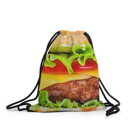 Рюкзак-мешок 3D с принтом Гамбургер в Новосибирске, 100% полиэстер | плотность ткани — 200 г/м2, размер — 35 х 45 см; лямки — толстые шнурки, застежка на шнуровке, без карманов и подкладки | Тематика изображения на принте: бутерброд | гамбургер | еда | фастфуд | чизбургер