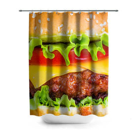 Штора 3D для ванной с принтом Гамбургер в Новосибирске, 100% полиэстер | плотность материала — 100 г/м2. Стандартный размер — 146 см х 180 см. По верхнему краю — пластиковые люверсы для креплений. В комплекте 10 пластиковых колец | бутерброд | гамбургер | еда | фастфуд | чизбургер