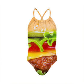 Детский купальник 3D с принтом Гамбургер в Новосибирске, Полиэстер 85%, Спандекс 15% | Слитный крой, подклад по переду изделия, узкие бретели | Тематика изображения на принте: бутерброд | гамбургер | еда | фастфуд | чизбургер