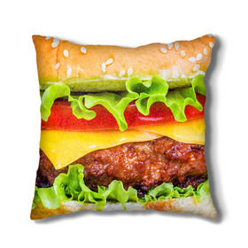 Подушка 3D с принтом Гамбургер в Новосибирске, наволочка – 100% полиэстер, наполнитель – холлофайбер (легкий наполнитель, не вызывает аллергию). | состоит из подушки и наволочки. Наволочка на молнии, легко снимается для стирки | бутерброд | гамбургер | еда | фастфуд | чизбургер