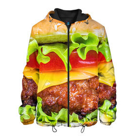 Мужская куртка 3D с принтом Гамбургер в Новосибирске, ткань верха — 100% полиэстер, подклад — флис | прямой крой, подол и капюшон оформлены резинкой с фиксаторами, два кармана без застежек по бокам, один большой потайной карман на груди. Карман на груди застегивается на липучку | Тематика изображения на принте: бутерброд | гамбургер | еда | фастфуд | чизбургер