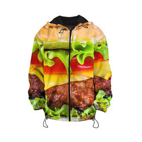 Детская куртка 3D с принтом Гамбургер в Новосибирске, 100% полиэстер | застежка — молния, подол и капюшон оформлены резинкой с фиксаторами, по бокам — два кармана без застежек, один потайной карман на груди, плотность верхнего слоя — 90 г/м2; плотность флисового подклада — 260 г/м2 | бутерброд | гамбургер | еда | фастфуд | чизбургер