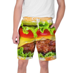 Мужские шорты 3D с принтом Гамбургер в Новосибирске,  полиэстер 100% | прямой крой, два кармана без застежек по бокам. Мягкая трикотажная резинка на поясе, внутри которой широкие завязки. Длина чуть выше колен | бутерброд | гамбургер | еда | фастфуд | чизбургер