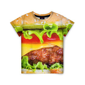 Детская футболка 3D с принтом Гамбургер в Новосибирске, 100% гипоаллергенный полиэфир | прямой крой, круглый вырез горловины, длина до линии бедер, чуть спущенное плечо, ткань немного тянется | бутерброд | гамбургер | еда | фастфуд | чизбургер