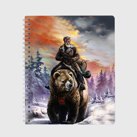 Тетрадь с принтом Медведь в Новосибирске, 100% бумага | 48 листов, плотность листов — 60 г/м2, плотность картонной обложки — 250 г/м2. Листы скреплены сбоку удобной пружинной спиралью. Уголки страниц и обложки скругленные. Цвет линий — светло-серый
 | лес | медведь | мишка | патриот | россия | я русский