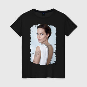 Женская футболка хлопок с принтом Angelina Jolie в Новосибирске, 100% хлопок | прямой крой, круглый вырез горловины, длина до линии бедер, слегка спущенное плечо | татуировки